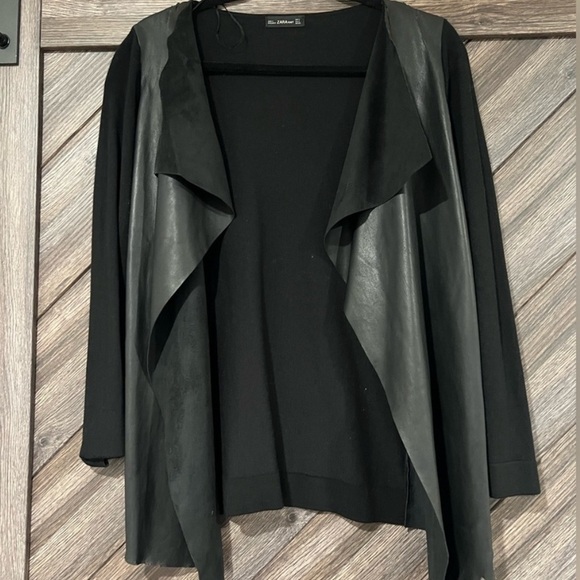 Zara faux leather patchwork black drape front cardigan open front Size medium - Picture 1 of 6